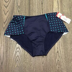 NWT Spanx Womens Flirty Skirted Swim Bottom Mid Rise Navy Splash Polka Size 8